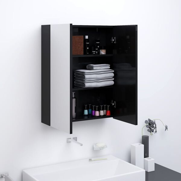 vidaXL Mirror Cabinet Shiny black MDF with melamine surface, glass Medium
