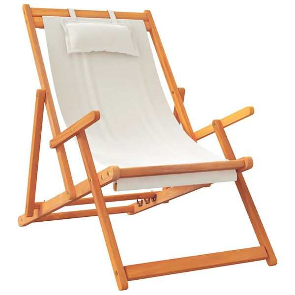 vidaXL Folding Beach Chair Set of 2 Cream Eucalyptus wood, Polyester