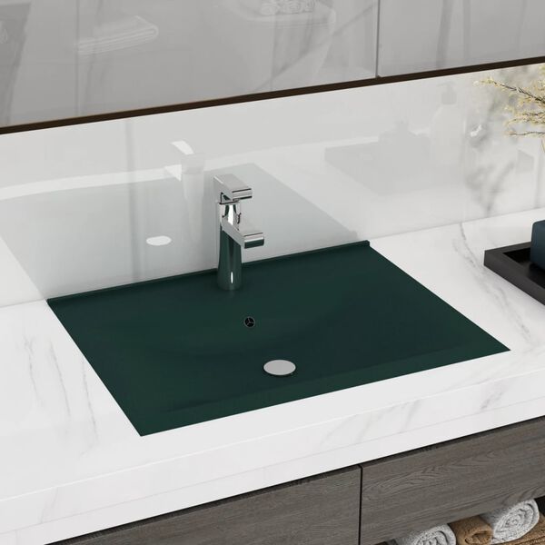 vidaXL Luxury Basin with Faucet Hole Matt Dark Green 23.6x18.1" Ceramic