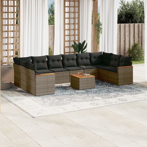 vidaXL Garden Sofa Set Grey Poly rattan, Acacia wood, Polyester, Steel