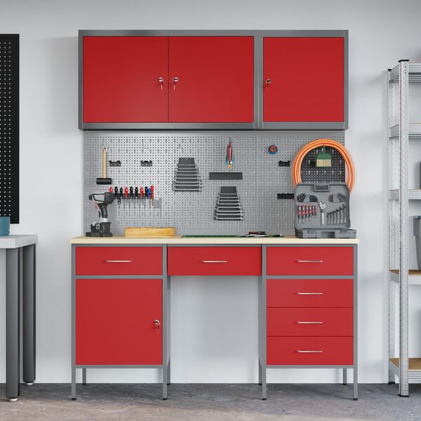 vidaXL Work Cabinet with Drawer with Lock 8 pcs Red 150 x 55 x 200 cm