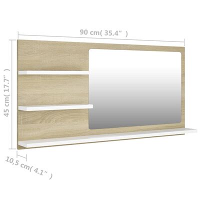vidaXL Bathroom Mirror White and Sonoma Oak 35.4"x4.1"x17.7" Engineered Wood