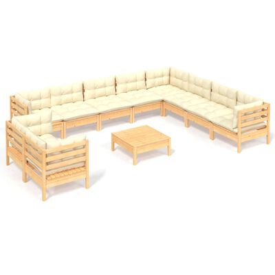 vidaXL 11 Piece Patio Lounge Set with Cream Cushions Solid Pinewood