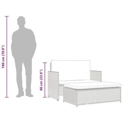 Scale diagram showing person height beside bed/lounge; outdoor furniture included for scale.