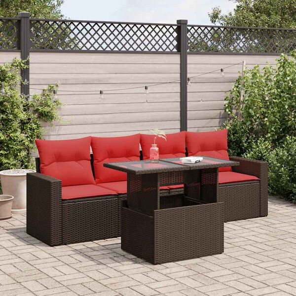 vidaXL 5 Piece Patio Sofa Set with Cushions Brown Poly Rattan Acacia
