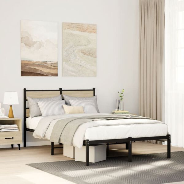 vidaXL Bed Frame Black, Sonoma Oak Iron, Engineered Wood Small Double