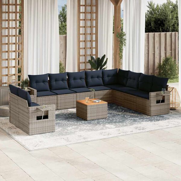 vidaXL 11 Piece Garden Sofa Set with Cushions Grey Poly Rattan