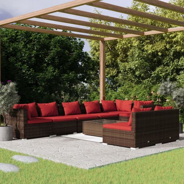vidaXL Garden Lounge Set Brown with Cinnamon Red Cushions