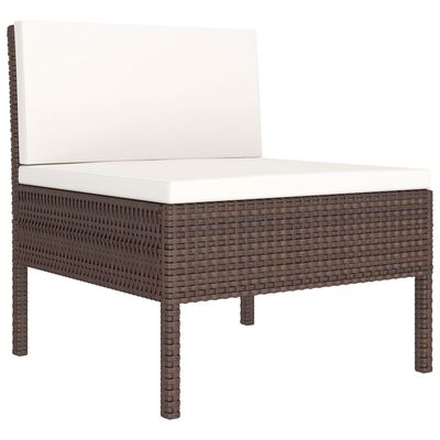 Brown wicker loveseat with white cushions