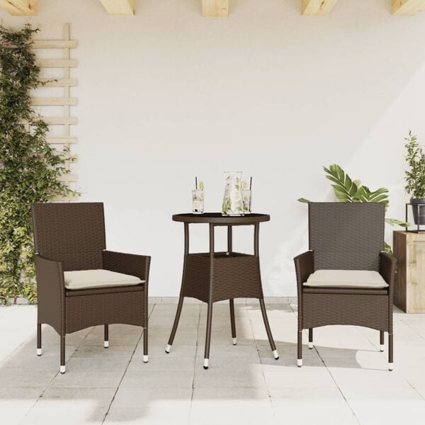 vidaXL 3 Piece Patio Dining Set with Cushions Brown Poly Rattan and Glass