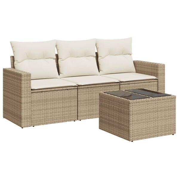 vidaXL Garden Sofa Set Beige Poly Rattan 4 Piece Set Adjustable Armrests