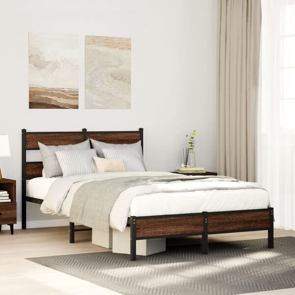 vidaXL Bed Frame Brown Oak Steel, Engineered Wood Small Double Bed Frame