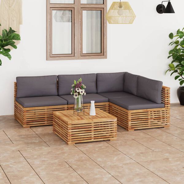 vidaXL 5 Piece Patio Lounge Set with Dark Gray Cushion Solid Teak Wood