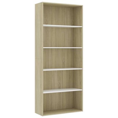vidaXL 5-Tier Book Cabinet White and Sonoma Oak 31.5"x11.8"x74.4" Chipboard