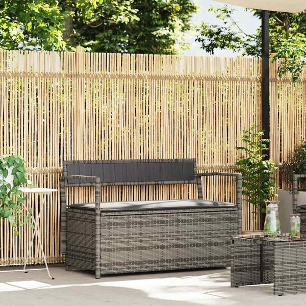 vidaXL Garden Storage Bench Grey PE Rattan, Powder-Coated Steel, Plywood