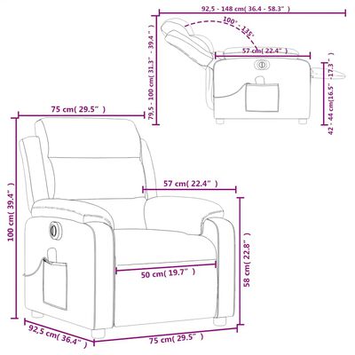 Dimensions schematic with measurements for recliner showing width, depth, height and various distances