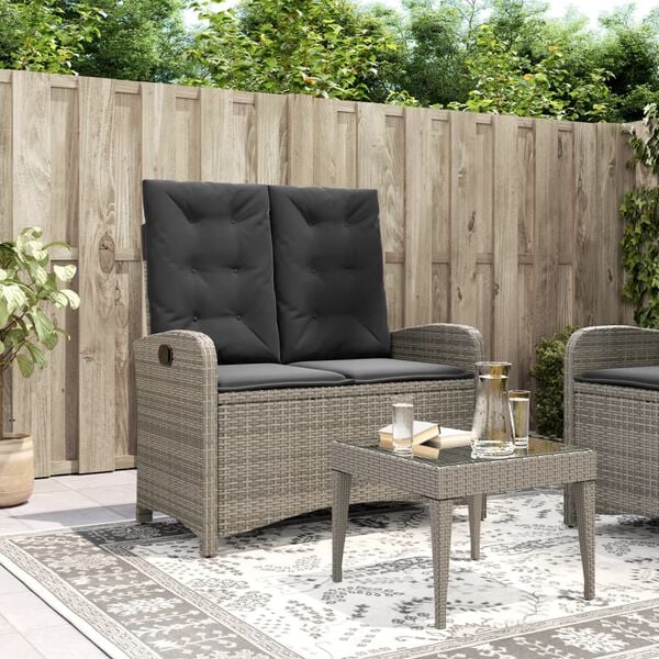 vidaXL Reclining Garden Bench Grey PE rattan 2-seater