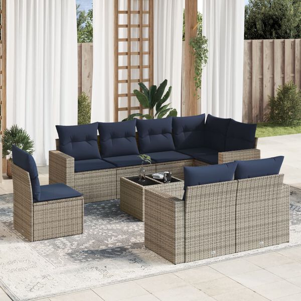 vidaXL 9 Piece Patio Sofa Set with Cushions Gray Poly Rattan