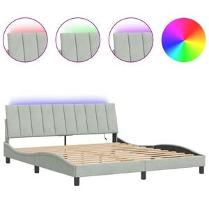 vidaXL Bed Frame with LED without Mattress "Hanko" Light Gray 72"x83.9"Velvet