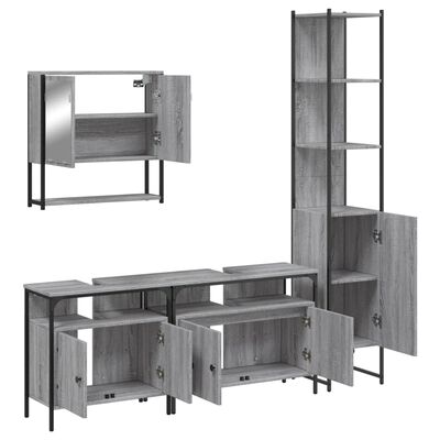 Modular bathroom storage set with wall cabinet, tall cabinet, and base cabinets with doors.