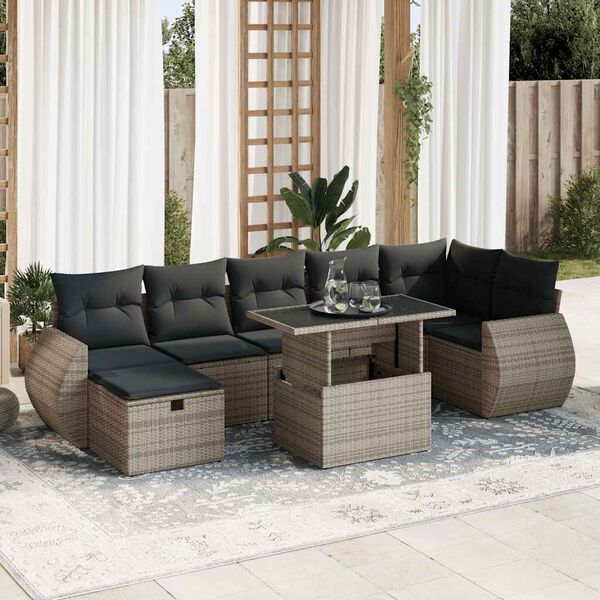 vidaXL Garden Sofa Set Grey PE rattan, powder-coated steel, tempered glass