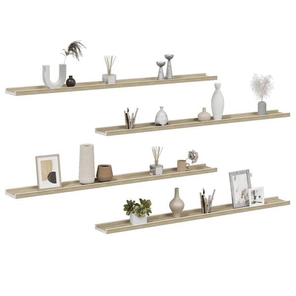 vidaXL Wall Shelf Set of 4 White and Sonoma Oak MDF 45.3 in Wall Shelf