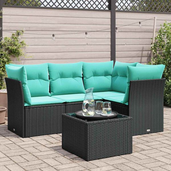 vidaXL 5 Piece Patio Sofa Set with Cushions Black Poly Rattan