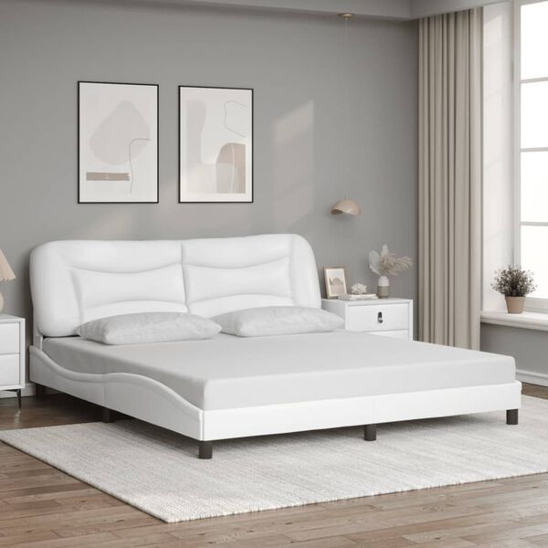 vidaXL Bed Frame White Faux leather, metal, solid pine wood, plywood