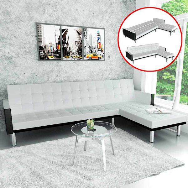 vidaXL Sofa Bed White and Black Faux Leather, Wood, Plywood Large