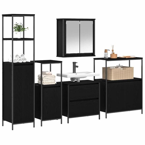 vidaXL Bathroom Furniture Set with Shelf 5 pcs Black 76.5 x 35 x 95 cm