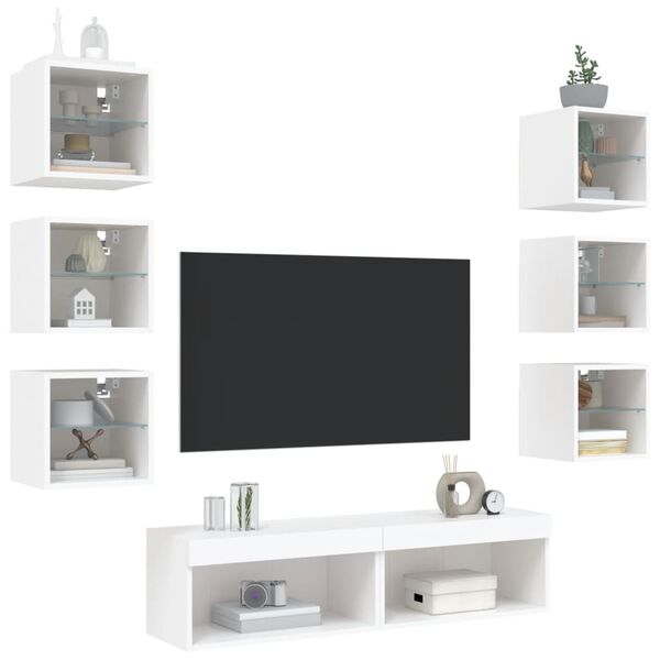 vidaXL TV Wall Unit Set of 8 White Engineered wood, glass 8 Piece Set