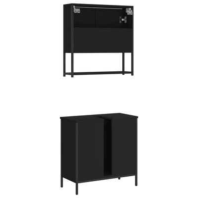 Back of wall-mounted vanity cabinet showing assembly hardware and bottom cabinet with two doors.