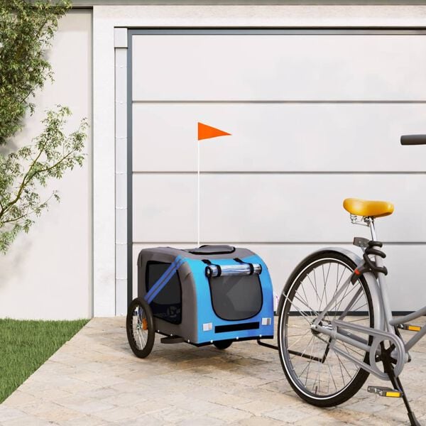 vidaXL Pet Bike Trailer Blue and Grey Oxford Fabric, Iron, PVC