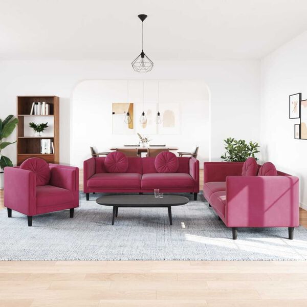 vidaXL 3 Piece Sofa Set with Pillows Wine Red Velvet