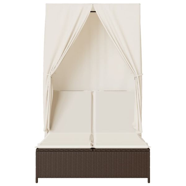 vidaXL Double Sun Lounger with Roof and Curtains Brown Poly Rattan