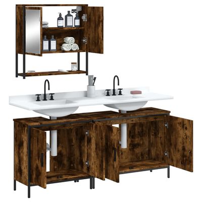 Open wall cabinet with shelves above a double sink vanity; lower cabinet doors open to reveal storage