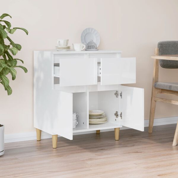 vidaXL Sideboard High gloss white Engineered wood, Solid eucalyptus wood