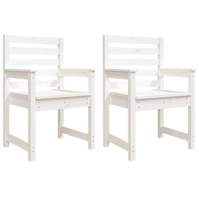 Two white wooden chairs with slatted backs and armrests, side by side.