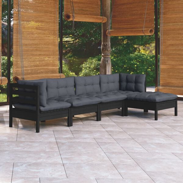 vidaXL Garden Lounge Set Black with Anthracite Cushions