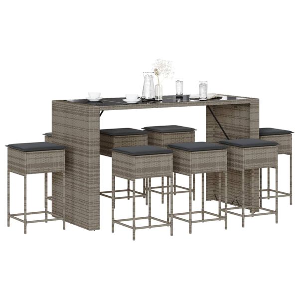 vidaXL Garden Bar Set Grey PE Rattan 9 Piece Removable Covers