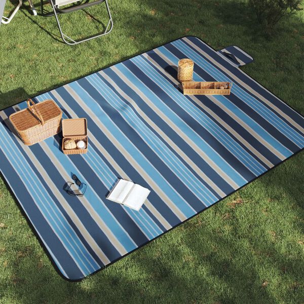 vidaXL Picnic Blanket Foldable Blue and White Stripe 78.7"x59.1" Velvet