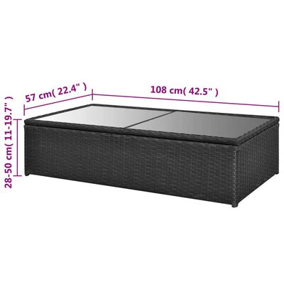 Rectangular coffee table with glass top and dimensions shown: 108 cm length, 57 cm width, height 28-50 cm.