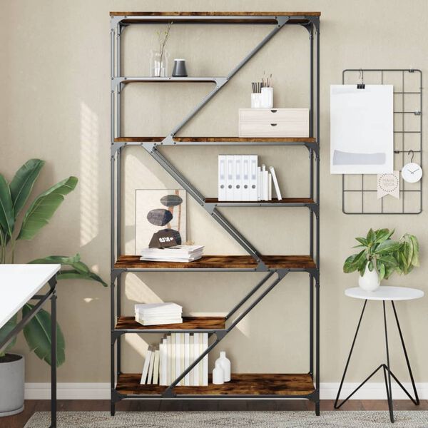vidaXL Bookshelf Smoked Oak Engineered Wood, Steel 35.8x14.2x69.3 in