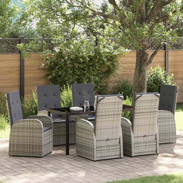 vidaXL Garden Dining Set with Cushion 7 pcs Grey Poly Rattan