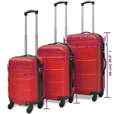 vidaXL Three Piece Hardcase Trolley Set Red 17.9"/21.7"/26"