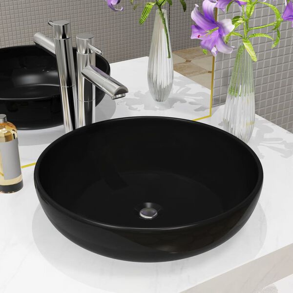 vidaXL Basin Ceramic Round Black 16.5x4.7"