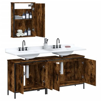 Open bathroom cabinet with shelves above a white double sink vanity; multiple doors open showing storage