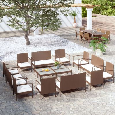 vidaXL 16 Piece Patio Lounge Set with Cushions Poly Rattan Brown