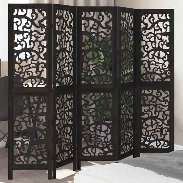 vidaXL Room Divider 5 Panels Black Solid Wood Paulownia