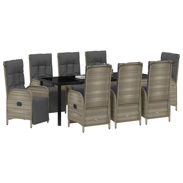 vidaXL Garden Dining Set with Cushion 9 pcs Grey Poly Rattan